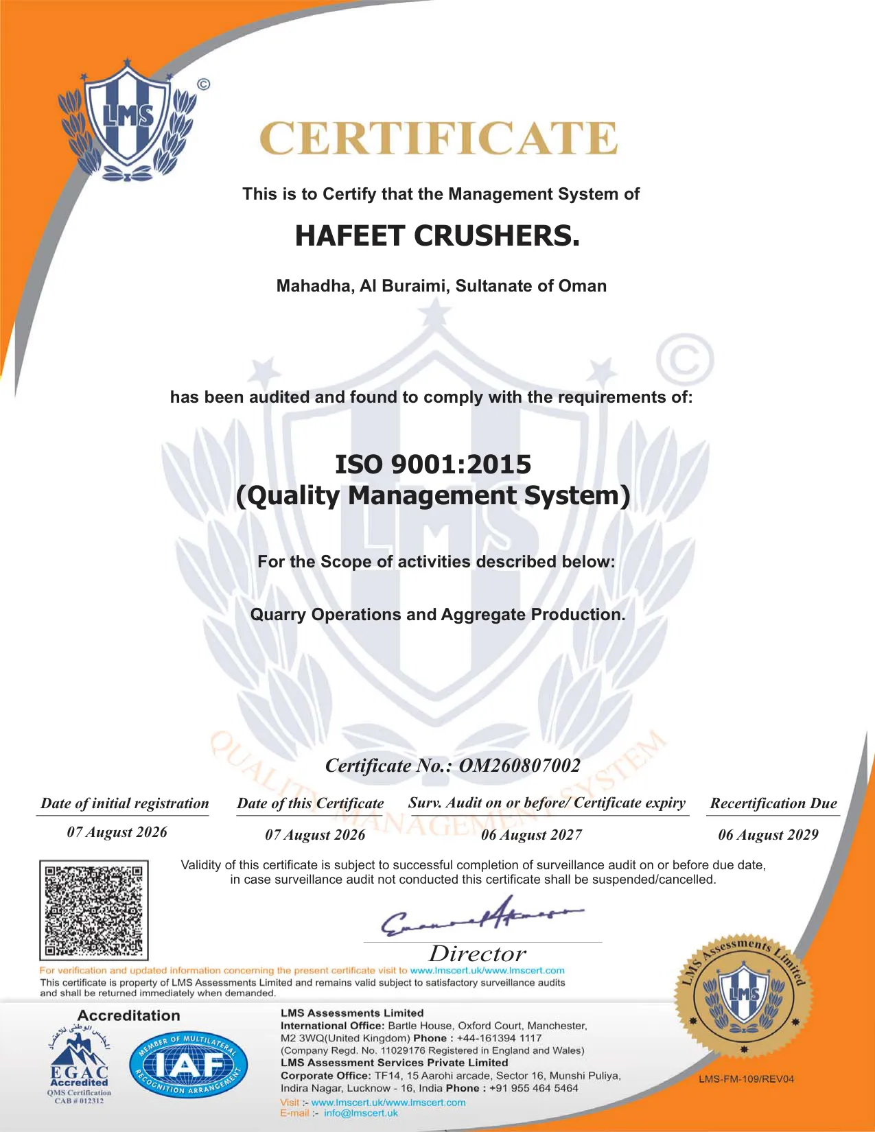 ISO 9001:2015 certificate for Hafeet Crushers